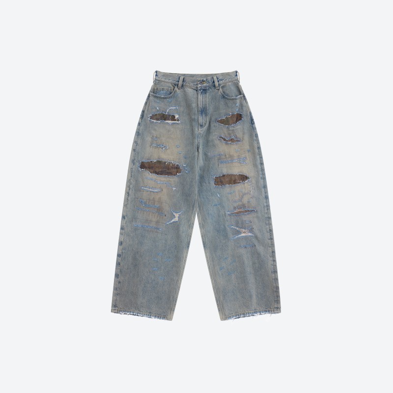 Destroyed Patch‑work Denim Pants